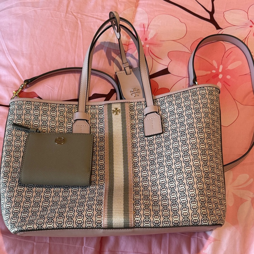 Tory Burch Patterned Tote in pink and Gray set purse and wallet